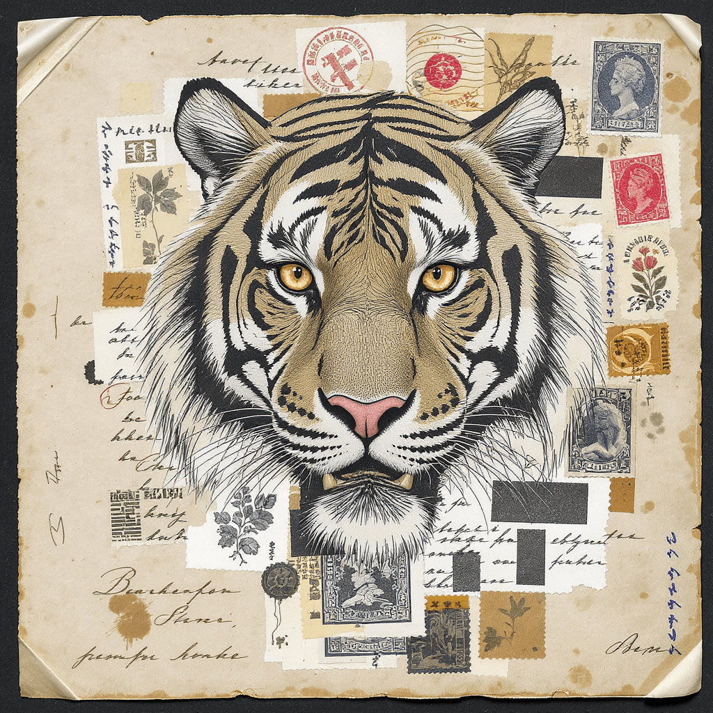 AI generated: 1. A tiger made from swirling antique fonts and bold ink strokes, layered with old letterpress scrap...