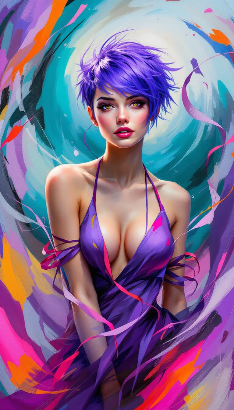 AI generated: "Violet Choreographer in a Shifting Dance": A dynamic abstract painting portrays a choreographer, sh...