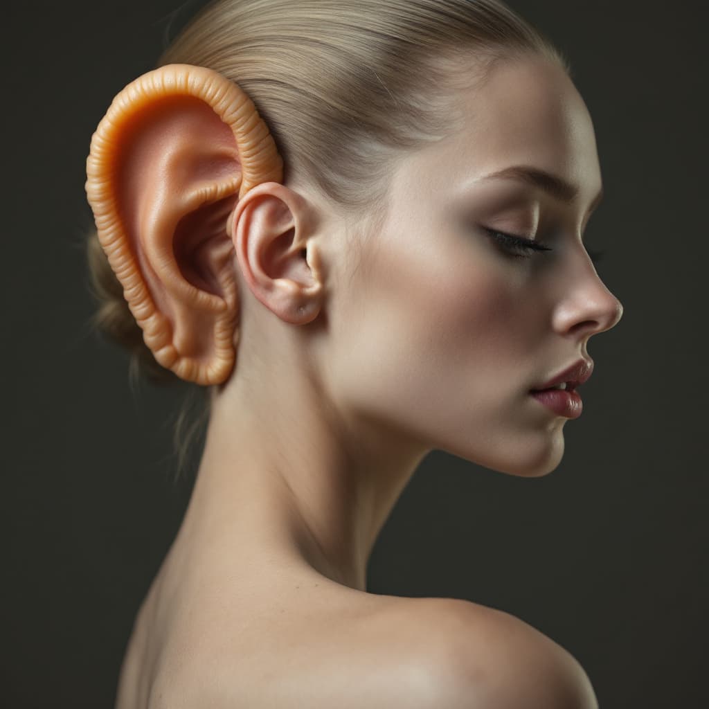 AI generated: A photo model with an ear growing out of her back.
