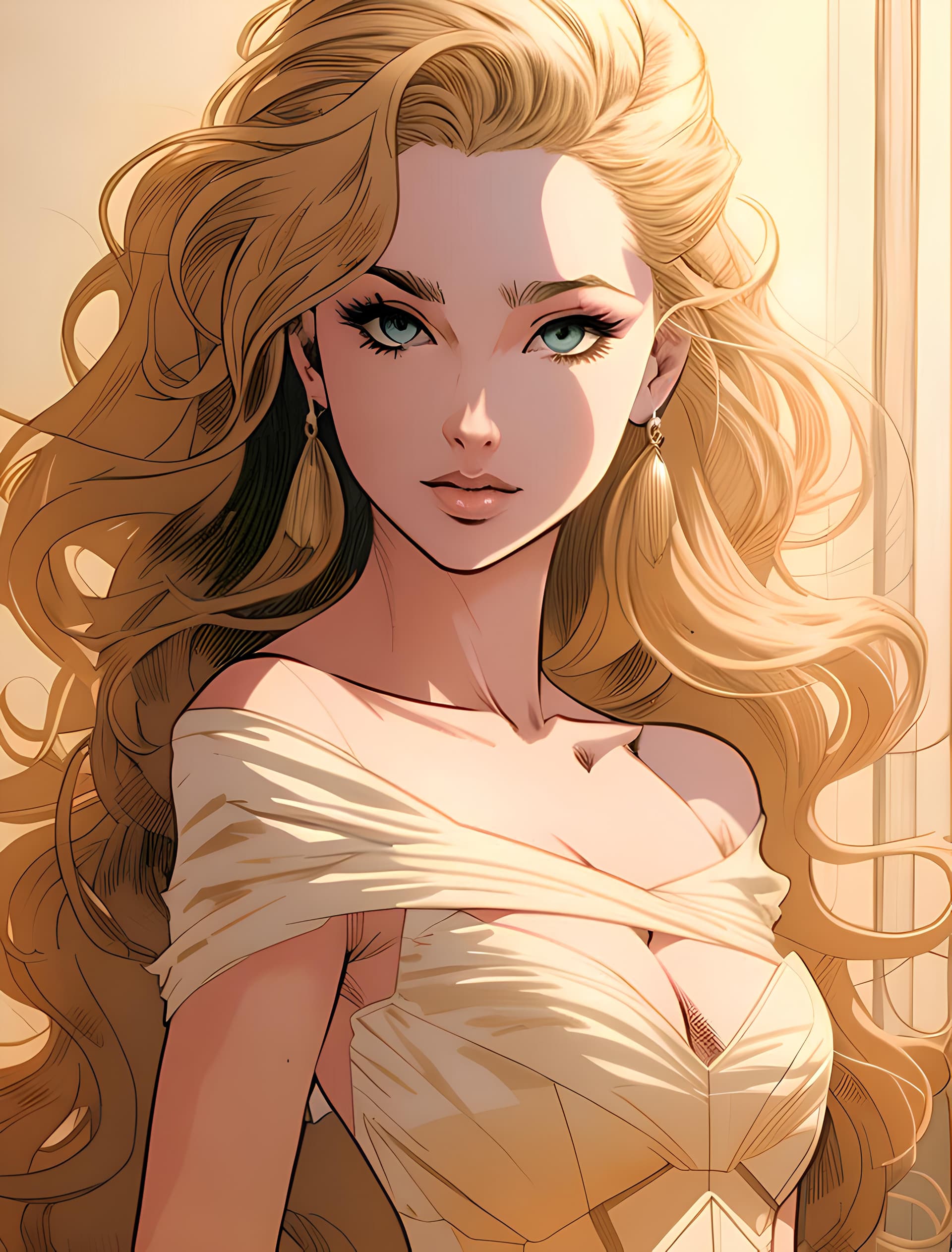 AI generated: a close up of a woman in a dress, inspired by Ross Tran, fantasy art, long blonde hair and large eye...