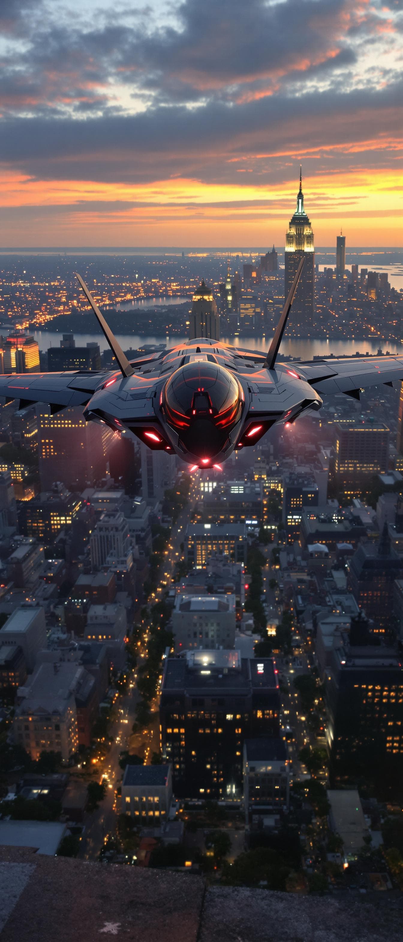 AI generated: a professional photo of a (futuristic),(masterpiece), photo of a alien fighter aircraft at dusk, wit...