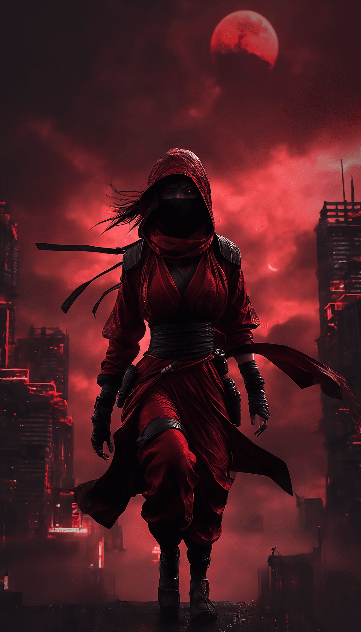 AI generated: a female assassin ninja in red and black ninja outfit, at night, black and red buildings , dark fogg...
