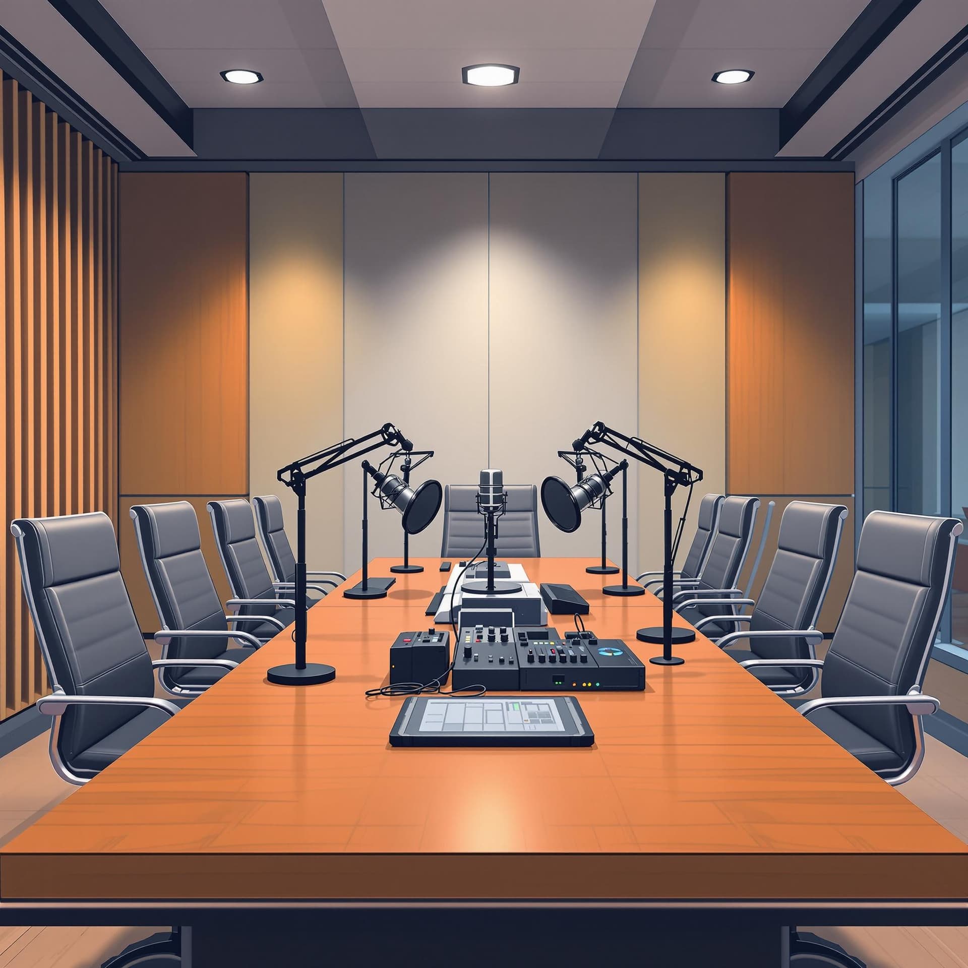 AI generated: front view showing a full view of a rectangular conference table with executive chairs alongside it ...