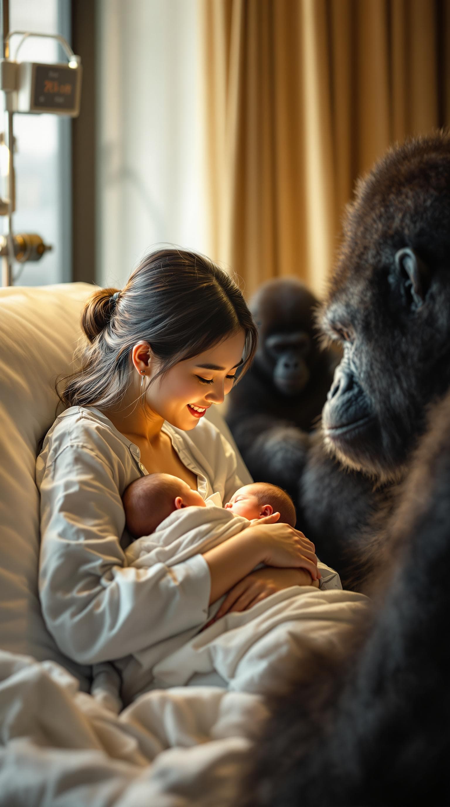 AI generated: A photo of a Korean mother in her 30s cuddling her newborn baby and smiling calmly, with a gorilla s...