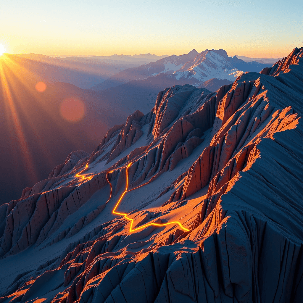 AI generated: A majestic mountain range at sunrise, where the rock faces are etched with massive, weathered silico...