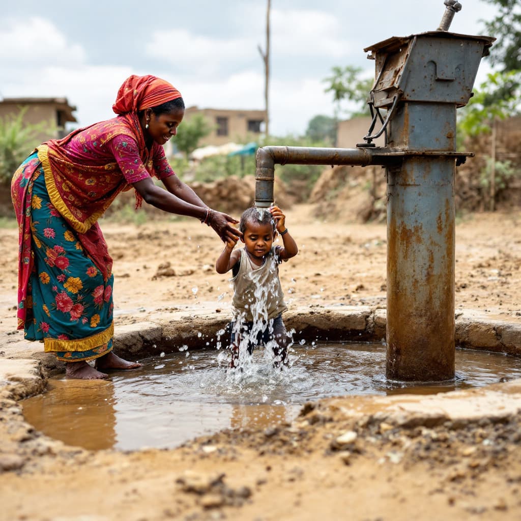 AI generated: A small Boy and his mother extracting water from a well