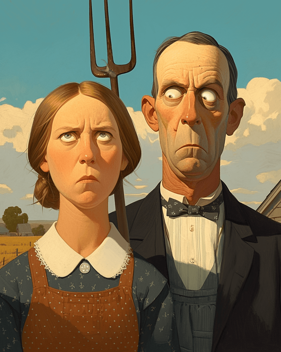 AI generated: a painting of American gothic of Grant Wood , in the style of disney animation, character caricature...