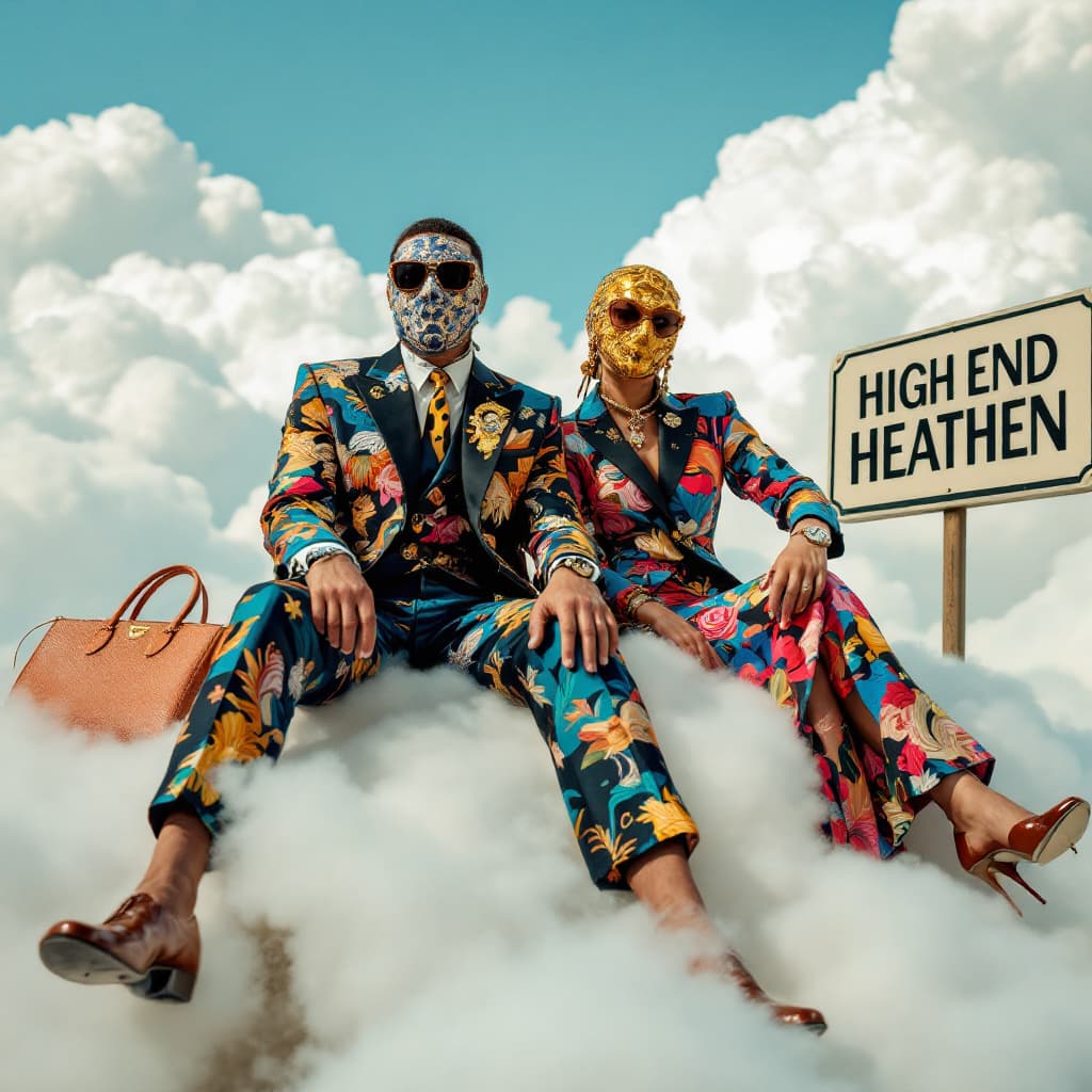 AI generated: A photo of an eccentric MANOF ACCESORIES AND DESIGNER CLOTHING on top of white fluffy clouds Tom For...