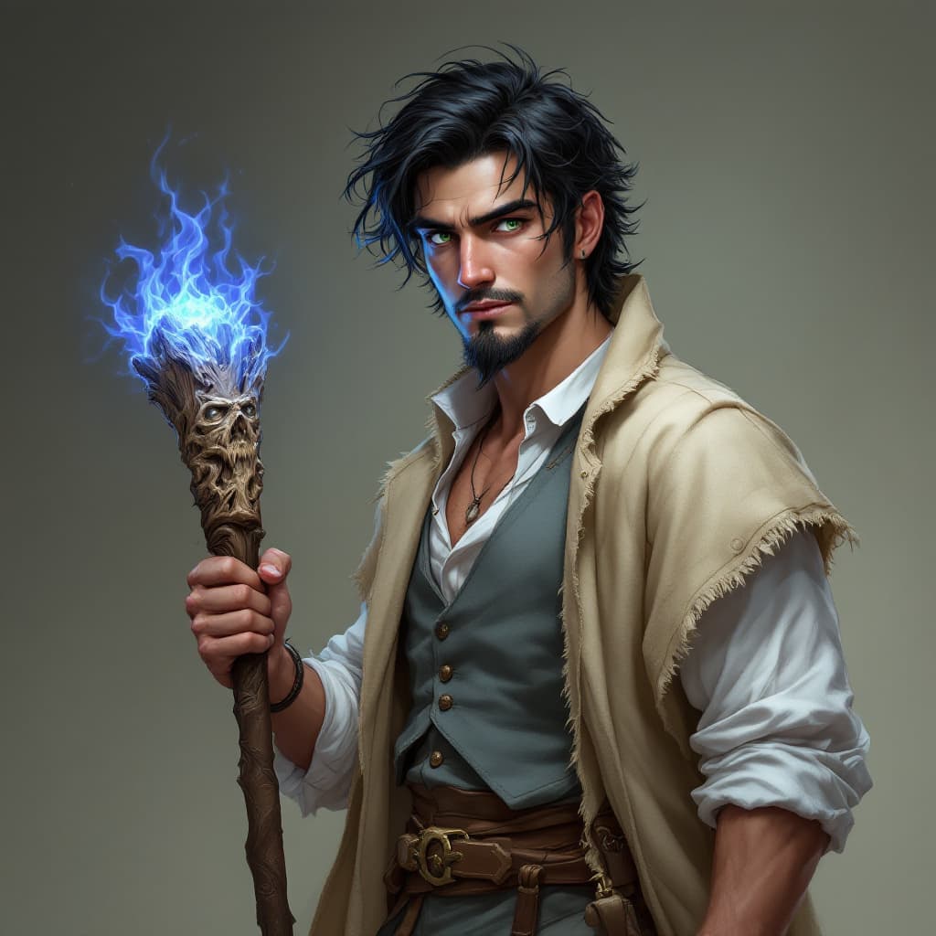 AI generated: A lean man in his mid-20's. He has Black hair, green eyes and a goatee. He is wearing a white shirt,...
