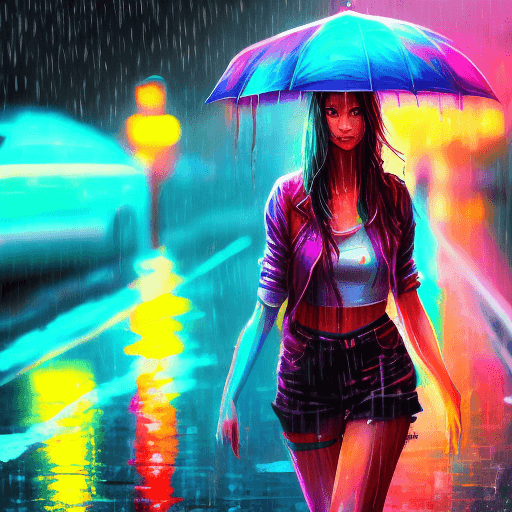 AI generated: Gorgeous girl of summer,  walks in rain, detailed, cinematic, scenic, beautiful, vibrant colors, enh...