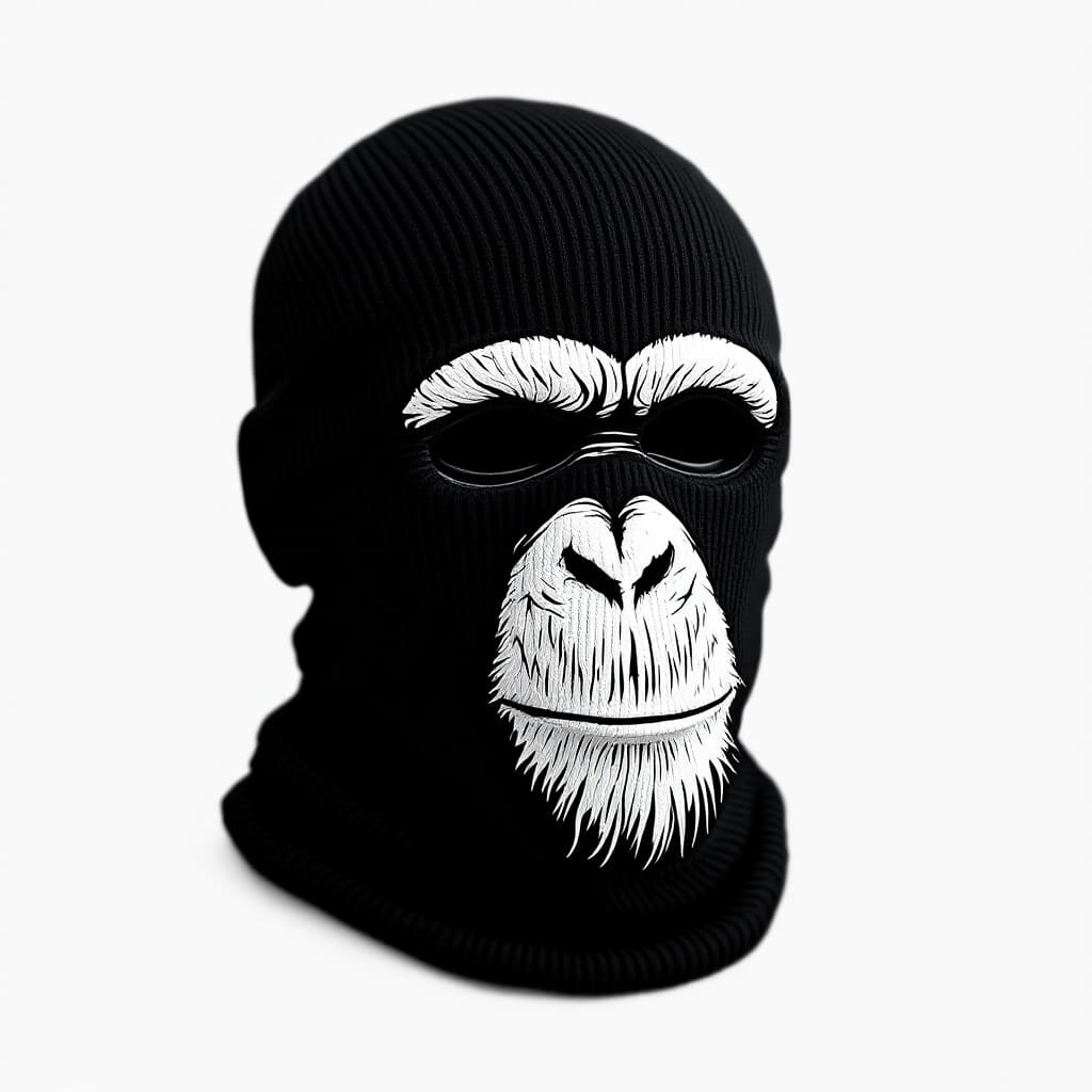 AI generated: a black ribbed knit baklava 3-holes skimask painted with a flat inked chimpanzee face illustration o...