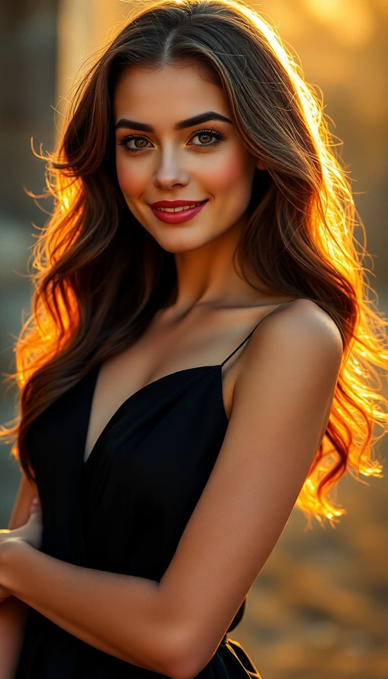 AI generated: "Fine art cinematic photography. Vertical full-body portrait, Warm golden hour image of a lithe supe...
