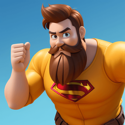 AI generated: cartoon 3D sunny bright Pixar-style image : 35 years old: light brown beard : freckles : super hero ...