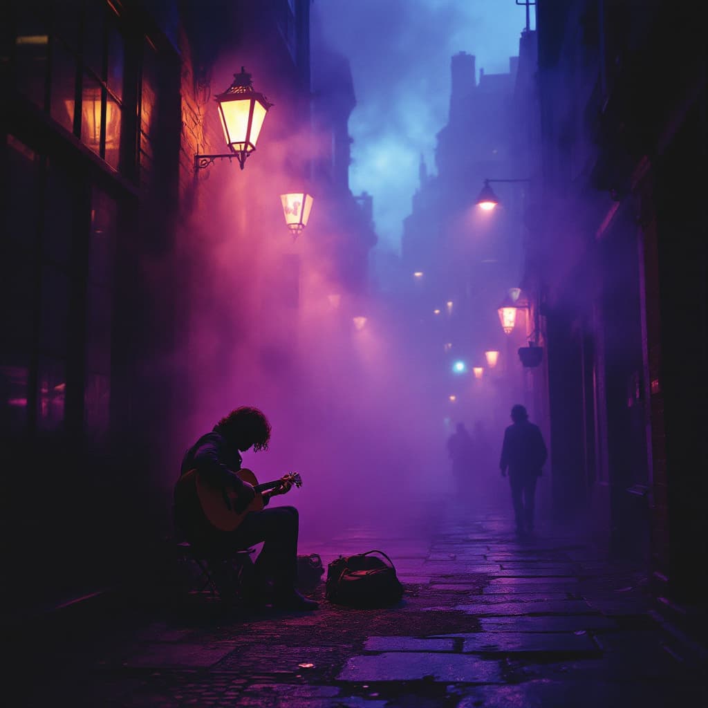 AI generated: A psychedelic vision of the London music scene at dusk in 1975, where the haze of smoke and fog from...