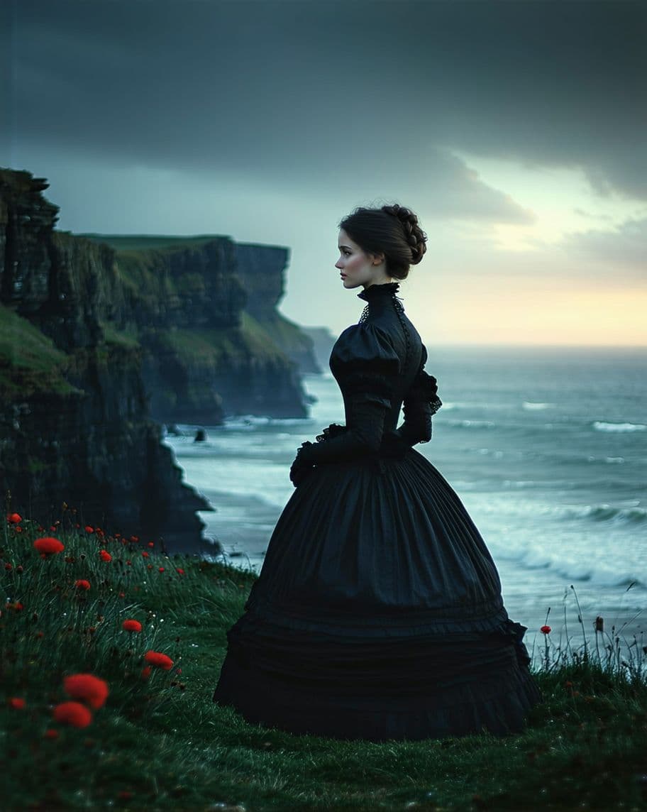 AI generated: Woman in black Victorian dress, profile view, overlooking a stormy sea at sunset,  dark, moody, and ...