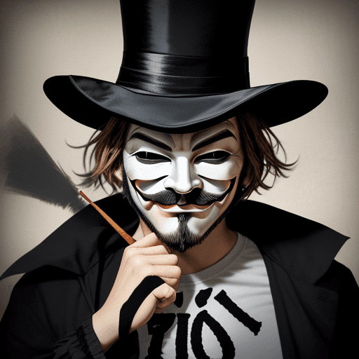 AI generated: The image features a person wearing a Guy Fawkes mask, also known as the V for Vendetta mask, and a ...
