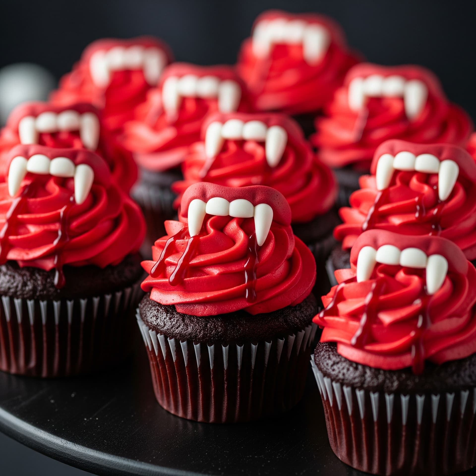 AI generated: A close-up shot of a collection of vampire-themed cupcakes with a spooky, whimsical aesthetic. Each ...