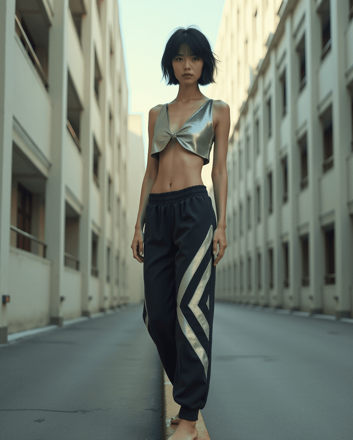AI generated: photo of a slim, small breast, flat chest, abs, young asian female supermodel, with short messy blac...