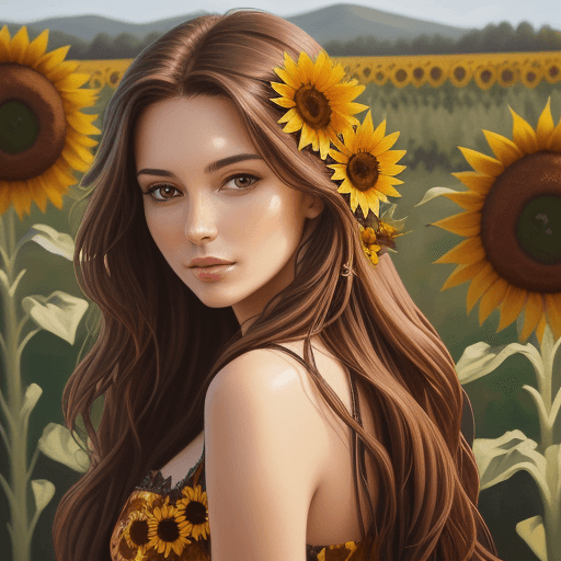 AI generated: a beauty woman with long brown hair and sunflowers in the background, a photorealistic painting 
