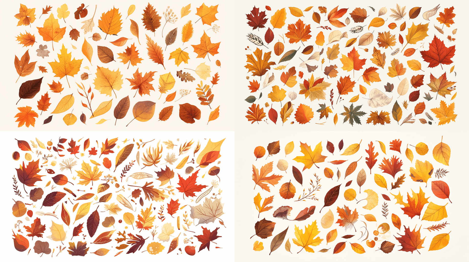 AI generated: An knolling illustration of knowlling autumn leaves in warm autumn colors. white background, adding ...