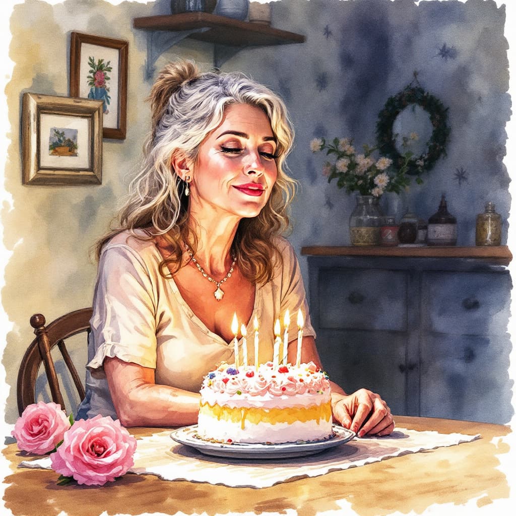 AI generated: Watercolor painting of a 50-year-old woman sitting looking at a birthday cake on a table.