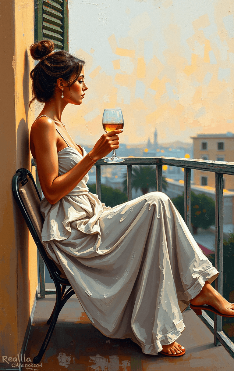AI generated: A captivating conceptual painting of a woman enjoying a peaceful moment on a balcony or terrace. She...