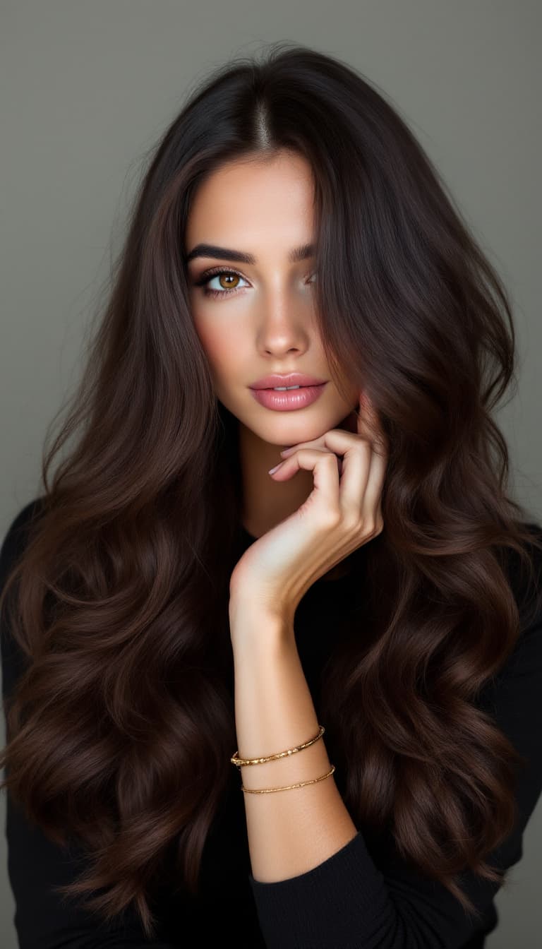 AI generated: A woman with long, wavy dark brown hair, parted in the center, wearing a black long-sleeved top and ...