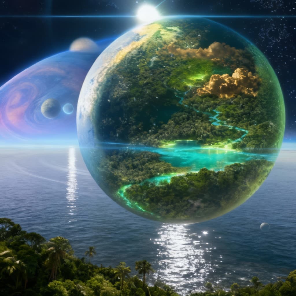 AI generated: A magnificent tropical exoplanet named Myrah, seen from orbit. Vast emerald continents blanketed in ...