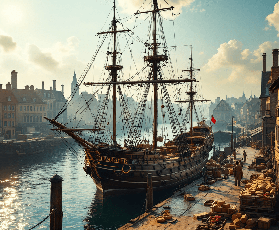 AI generated: Photo of a ultra realistic sailing ship, in the early 1800's, anchored at an old European port, crew...