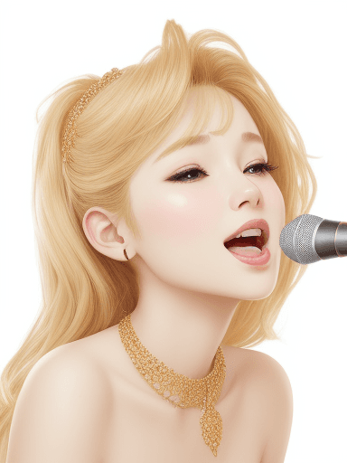 AI generated: beautiful girl use karaoke to sing, white golden background, diamond necklace