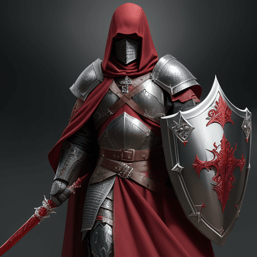 AI generated:  man cleric from the Middle Ages, with face covered by shade of dark-red hood, in scaled armour and ...