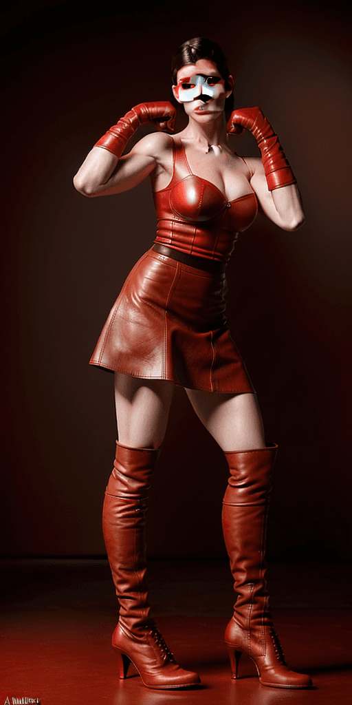 AI generated: Anne Hathaway as strong muscular woman, toned biceps, wears red Leather skirt, red Leather Gloves an...