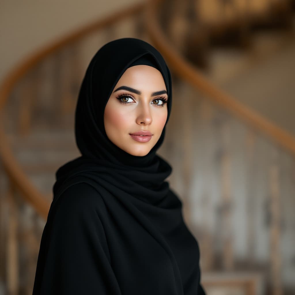 AI generated: full body portrait of lisa ann wearing black hijab in front of spiral staircase
