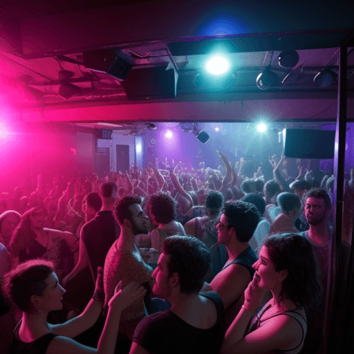 AI generated: small club venue with terrace and people dancing and looking at the djs