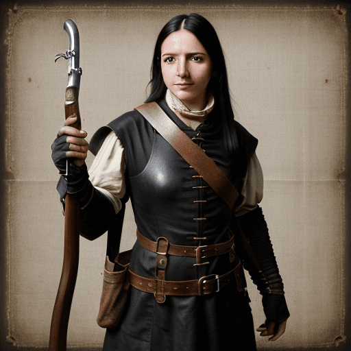AI generated: big musket in hand, medieval, engineer, art, leather jerkin, renaissance, dirty looking, Pouch over ...