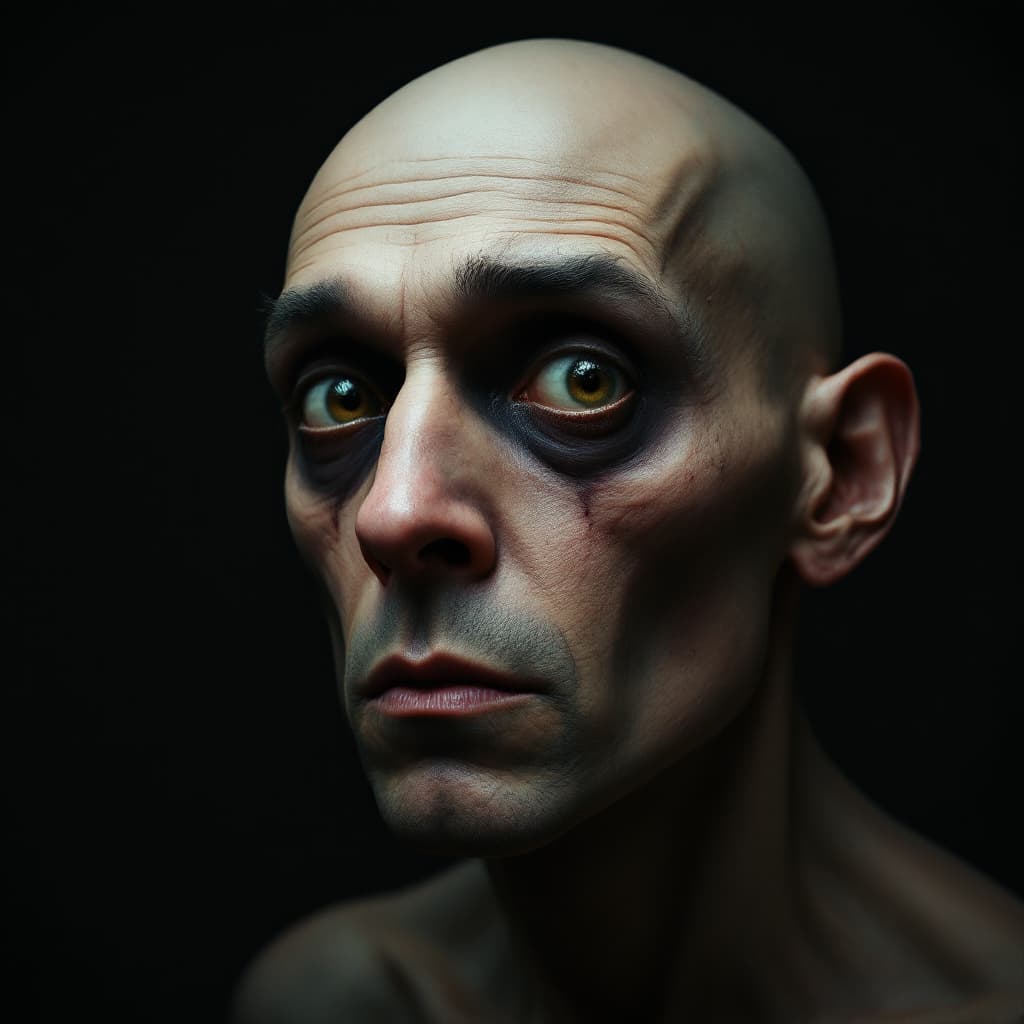 AI generated: realistic portrait of a man, very thin, big eyes, dark circles under the eyes, bald, only the right ...