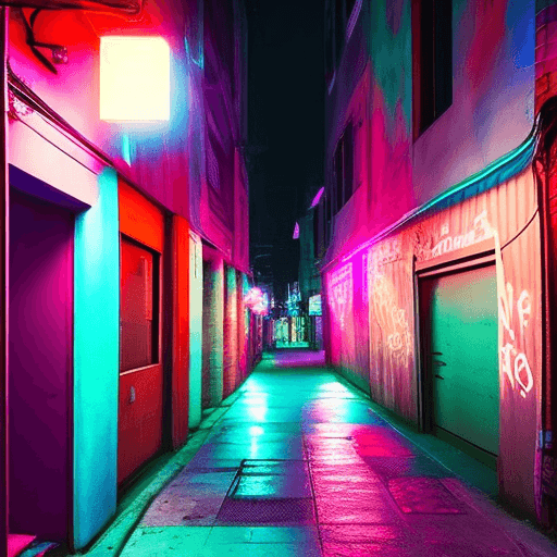 AI generated: a nighttime urban alleyway with vibrant neon lights. The neon lights, in colors like pink and blue, ...