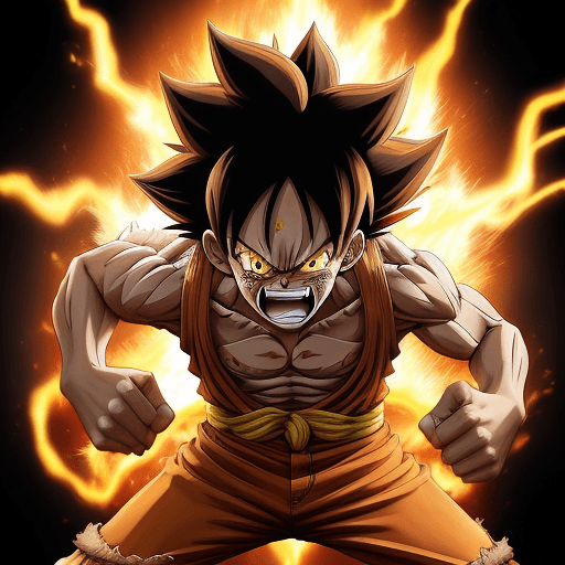 AI generated: "Artistically depict Monkey D. Luffy transformed into Super Saiyan 4, incorporating distinctive elem...