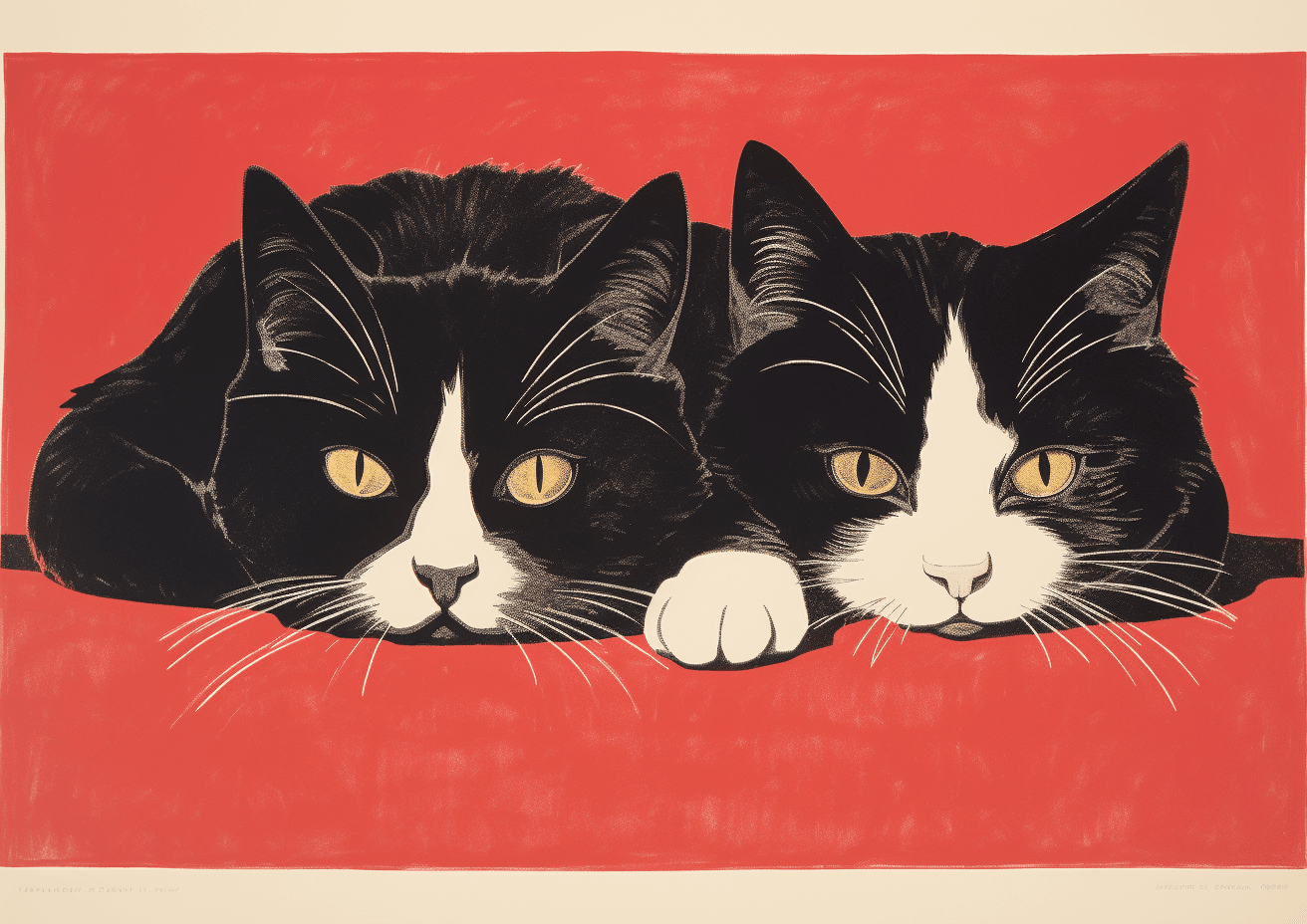 AI generated: a woodblock print of black cats laying on their backs, red background with white border and cream ed...