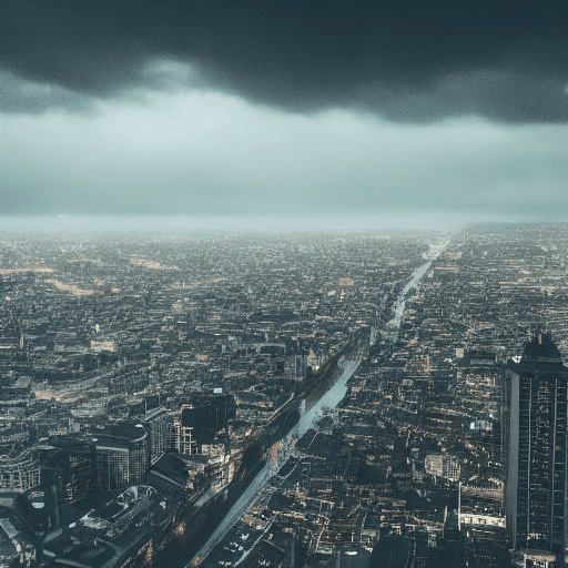 AI generated: a rainy city scape from a birds eye view.