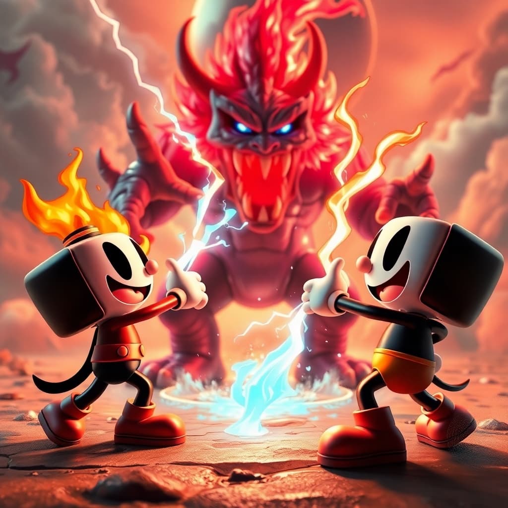 AI generated: 3D render, high quality, Cuphead-inspired characters with smooth textures and glossy shading, battli...