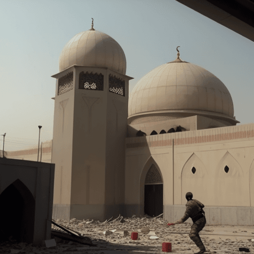 AI generated: Bombing a mosque. Cinematic.