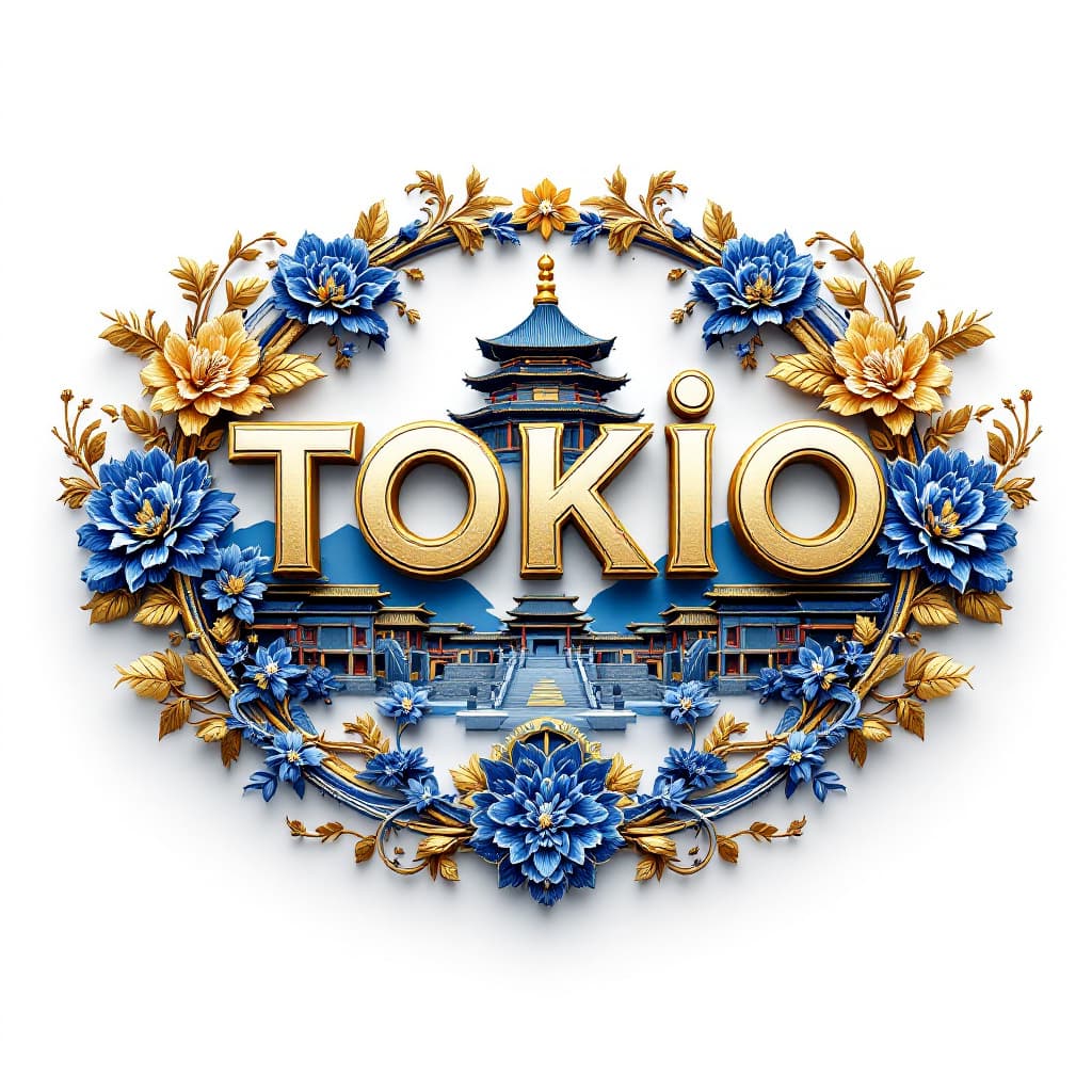 AI generated: 3d "TOKIO"-logo made of gold and blue, featuring the The Forbidden City in Japan with floral pattern...