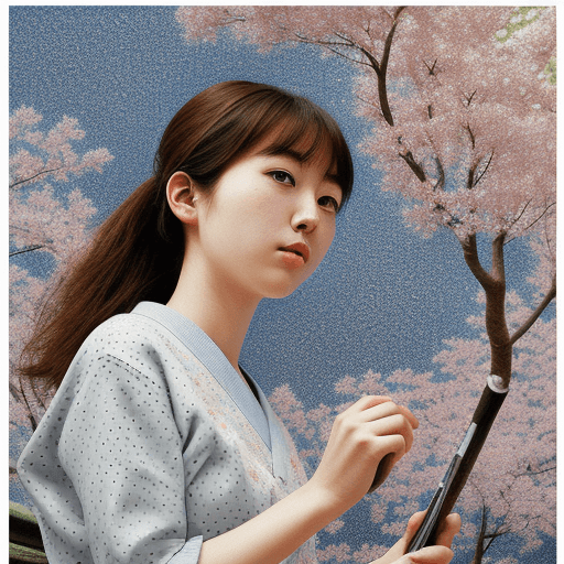 AI generated: fine detailed pointillism painting + low-angle view, female, 
 japan girl, 