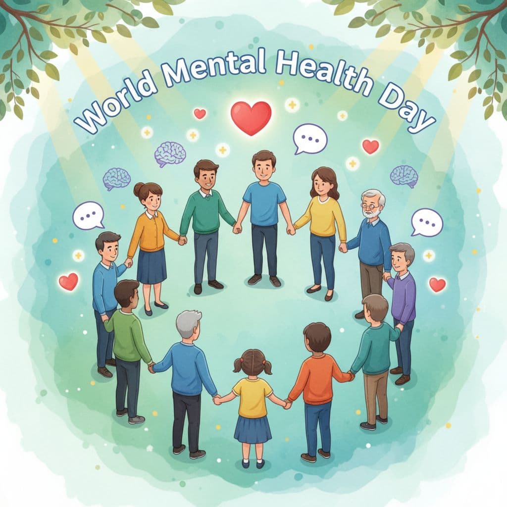 AI generated: A vibrant illustration celebrating World Mental Health Day, featuring diverse people of different ag...