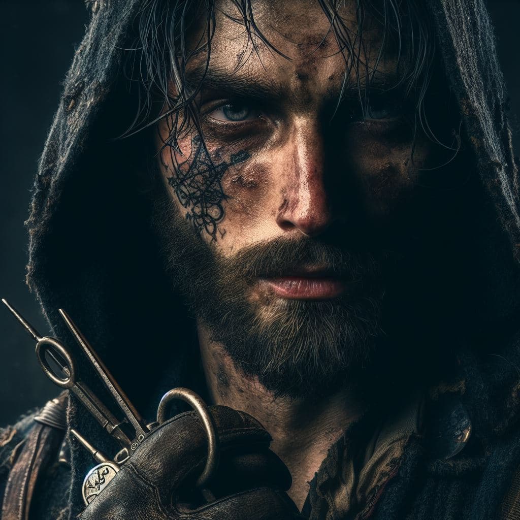 AI generated: Ultra-detailed rogue wearing dirty clothing, dirty face, tired, worn out, fantasy tattoo on left che...