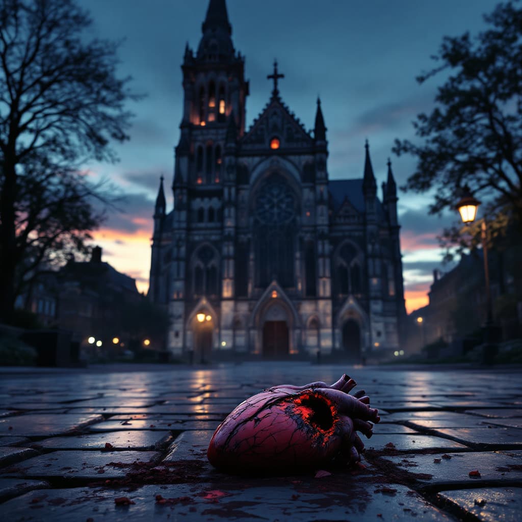 AI generated: A wide-angle establishing shot of a Gothic cathedral at dusk, full facade visible, cinematic composi...