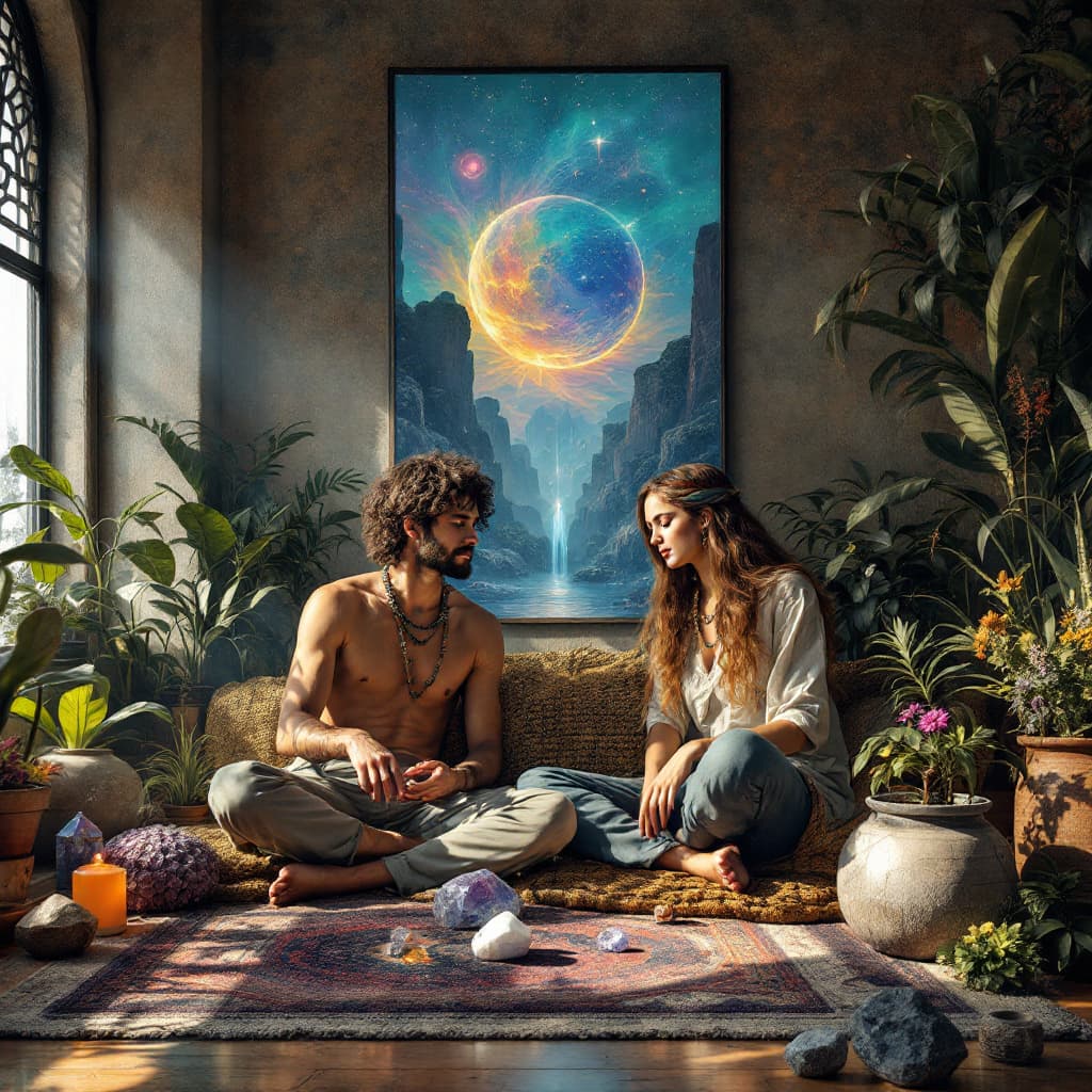 AI generated:  A painting  by Andy Wharlhol, Zen, heavy vibes,  room for meditation with crystals and lots of plan...