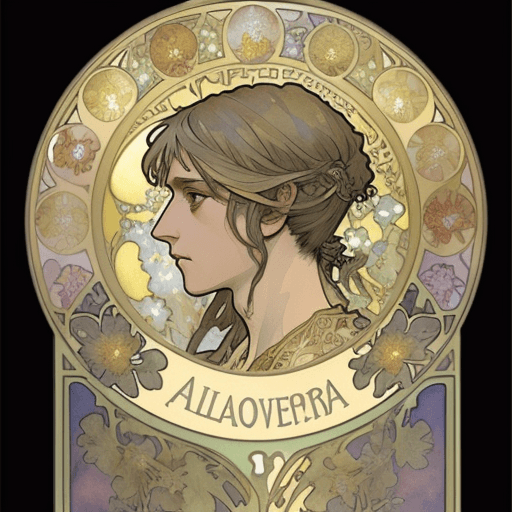 AI generated: golden letter A flowers intricate water color Alphonse Mucha with dark Doom background