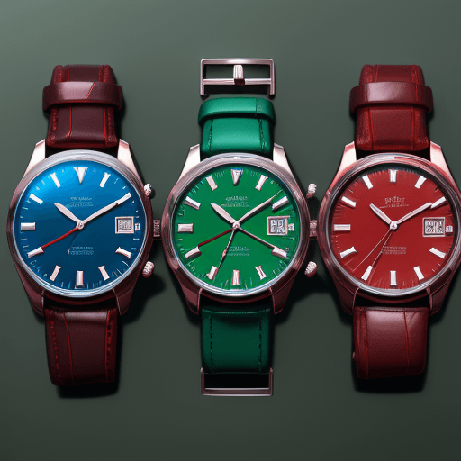 AI generated: Single wristwatch, lying flat, from left to right, with a green band, blue bezel, red dial; watch is...